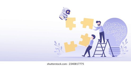 Artificial Intelligence (AI) technology concept. Collaboration between human and ai robot to complete puzzle jigsaw to success project. Connect and share strategy ideas for business.