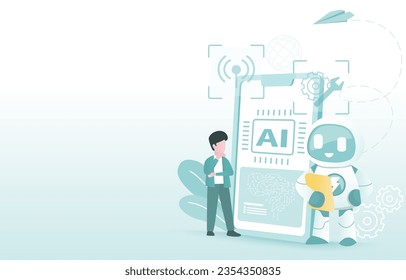 Artificial intelligence (AI) technology concept. Business people and Ai robot planning, repair, analyze mobile application and improvement. Flat vector design illustration with copy space.