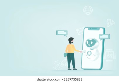 Artificial intelligence (AI) technology and contact concept. Online communication, make deal, support, share and exchange information for business development.Flat vector illustration with copy space
