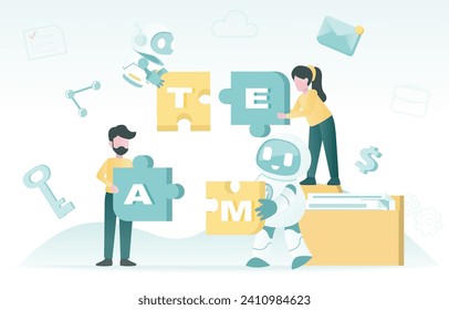 Artificial Intelligence (AI) technology and cooperation concept. Collaboration between human and ai robot to complete puzzle jigsaw. Strategy planning, tactical management, success.