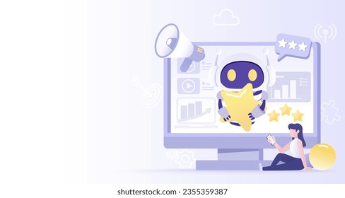 Artificial Intelligence (AI) technology and customer satisfaction survey. Questionnaire, customer review, star rating, feedback, positive thinking and comment. Flat vector illustration copy space.