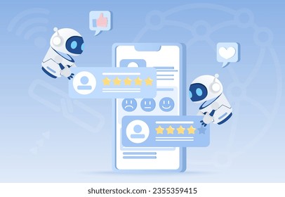 Tecnología de inteligencia artificial (IA) y concepto de encuesta de satisfacción del cliente. Revisión positiva en línea, fidelización del cliente, comentarios, comentarios para mejorar el producto o servicio. Ilustración vectorial plana. 