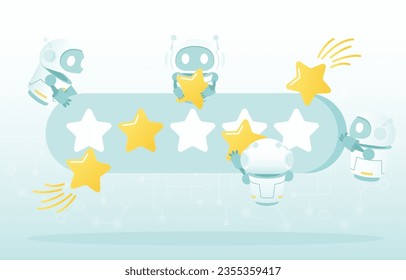 Artificial Intelligence (AI) technology and customer satisfaction concept. Give 5 star review, evaluation, feedback, respond, reply and comment. Flat vector design illustration.
