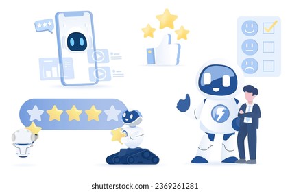 Artificial Intelligence (AI) technology and customer satisfaction collection set. Positive feedback, review, star rating, online content, data analysis and suggestion. Flat vector design illustration.