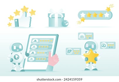 Artificial Intelligence (AI) technology and customer satisfaction collection set. Feedback and review from customers, star rating, online content, positive and negative thinking. Vector illustration.