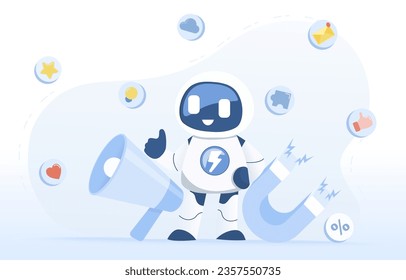 Artificial Intelligence (AI) technology and digital marketing concept. Online advertising, creative thinking, promotion campaign and attract customer satisfaction. Flat vector design illustration.
