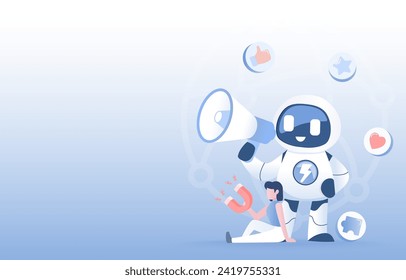 Artificial Intelligence (AI) technology and digital marketing concept. Announcement, advertisement, promotion, campaign, attract customer satisfaction. Flat vector design illustration with copy space.