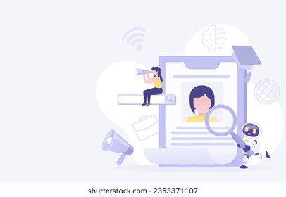 Artificial intelligence (AI) technology and employee hiring concept. Looking for new employee, experience, skill, opportunity. Job recruitment process. Flat vector design illustration with copy space.