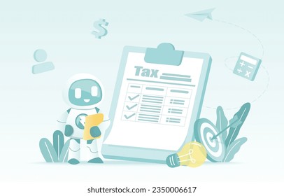Artificial intelligence (AI) technology and filling tax form. Income report, return on investment, financial accounting, revenue, taxation, tax deduction, fill out tax forms, manage taxes.
