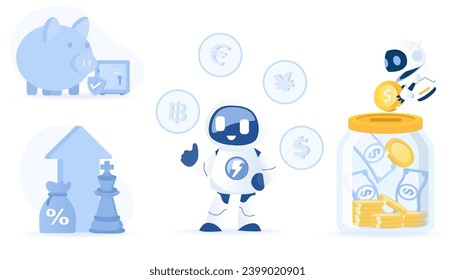 Artificial Intelligence (AI) technology and financial management collection set. Bank deposit, saving money, investment, growth, security, wealth, accumulation. Flat vector design illustration.