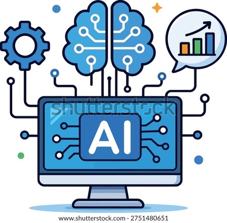Artificial Intelligence AI Technology Icon with Brain Circuit and Computer Monitor