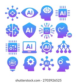 Künstliche Intelligenz und KI-Technologie Icons Set - Gradient Neon Machine Learning und Datenvektorsymbole