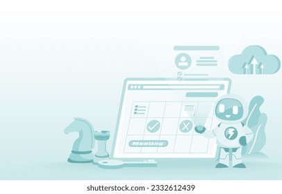 Tecnología de Inteligencia Artificial (AI) y gestión del horario de trabajo. Mostrar programaciones y citas diarias, recordatorios y notificaciones de envío. Mostrar actualizaciones y plan de reunión. Ilustración vectorial.