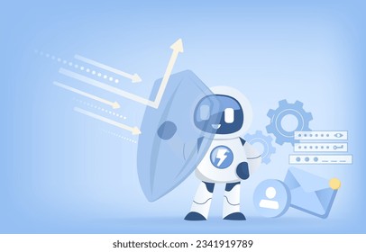 Artificial intelligence (AI) technology and protection concept. AI robot holding a shield reflecting arrow. Protect personal detail, password, and other sensitive information from cyber attack.