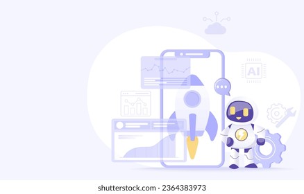 Tecnología de Inteligencia Artificial (AI) y concepto de inicio. Nuevas empresas de inicio, crecimiento, inversión, análisis de datos, innovación, creación de redes para el objetivo. Ilustración de diseño de vector plano con espacio de copia.