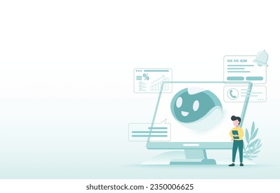 Artificial intelligence (AI) technology and task management concept. AI assistant showing schedule, reminder alert, stocks market, modify plan. Flat vector design illustration with copy space.