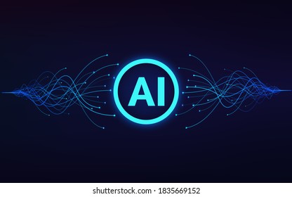 Artificial intelligence. AI text in center and moving blue waves. Machine learning and data analytics. Vector