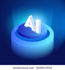 Artificial Intelligence AI Text Title Isometric Geometric, Generative Ai Powered Semiconductor Chip Innovation, Big Data Technology Concept. Neon Abstract Glow Futuristic Circle Podium Vector.
