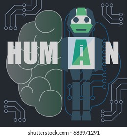 Artificial intelligence (AI) is intelligence that robot mimics function of human brain. Vector illustration.