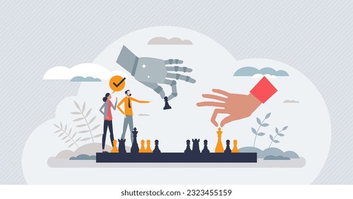 Artificial intelligence or AI usage for intellect games tiny person concept. Play chess with human vs robot teams vector illustration. Futuristic machine interaction with advanced smart systems.