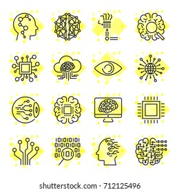 Artificial Intelligence (AI) Vector Icons. Icons for sites, apps, programs: AI, chip, brain, binary, processor and other. Editable Stroke. EPS 10