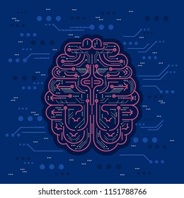 Artificial intelligence or AI vector illustration. Digital robot brain with fuse and chips as futuristic virtual person mind. Innovation and electronic multitask machine on dotted blue background.