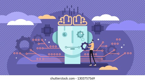 Artificial intelligence or AI vector illustration. Flat tiny IT engineer person concept with work on robot creation. Futuristic technology design on modern electronic head. Virtual intellect brains.