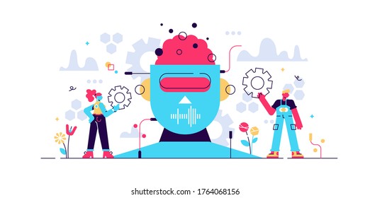 Artificial intelligence or AI vector illustration. Flat tiny IT engineer person concept with work on robot creation. Futuristic technology design on modern electronic head. Virtual intellect brains.