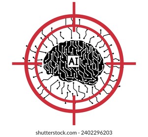 Artificial intelligence at aim, silhouette of brain witk links, target. Vector illustration