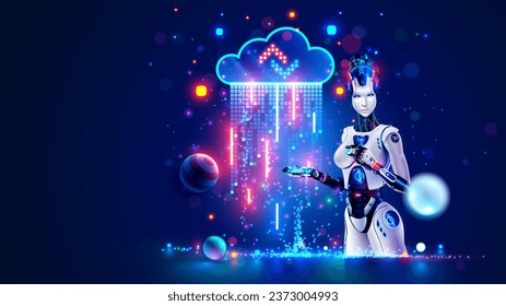 Artificial intelligence analysis data in digital cloud. AI robot woman holds in palm digital data from internet cloud storage. AI technology for cloud computing, learning artificial neural networks.