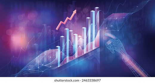 Artificial intelligence analyzes economic growth graph and financial market research.