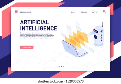 Artificial Intelligence analiza los archivos. AI procesó la base de datos, el aprendizaje automático y el procesamiento de datos. Archivo de trabajo de los empleados, centro de explotación minera robótica analizar ilustración vectorial isométrica 3D