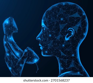 Artificial intelligence answering machine. The operator holds the phone receiver. The concept of digital communication and voice technologies. Polygonal design, blue background.