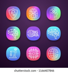 Artificial intelligence app icons set. UI/UX user interface. Neurotechnology. AI, digital brain, neural network, big data, iot robot, chip. Web or mobile applications. Vector isolated illustrations