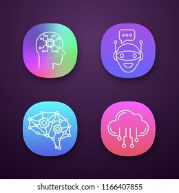 Artificial intelligence app icons set. UI/UX user interface. Neural network. Neurotechnology. Chat bot, AI, digital brain, cloud computing. Web or mobile applications. Vector isolated illustrations