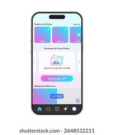 Artificial intelligence application user interface in mobile phone. AI generate app mockup template smartphone layout vector illustration