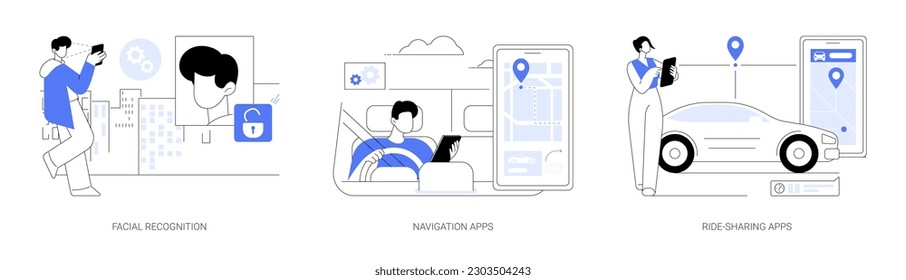 Aplicaciones de Inteligencia Artificial abstracta concepto conjunto de ilustraciones vectoriales. Desbloquee el smartphone con tecnología de reconocimiento facial, aplicaciones de navegación y uso compartido de viajes, metáfora abstracta de transferencia de datos.