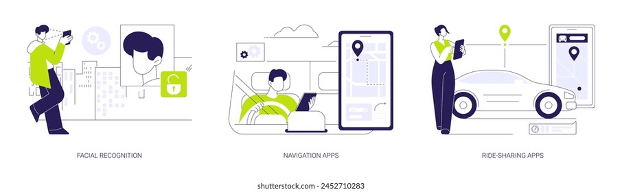 Artificial Intelligence applications abstract concept vector illustration set. Unlock smartphone with facial recognition technology, navigation and ride-sharing apps, data transfer abstract metaphor.