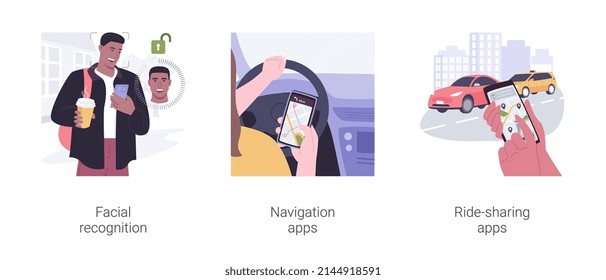 Artificial Intelligence applications isolated cartoon vector illustrations set. Unlock smartphone with facial recognition technology, navigation and ride-sharing apps, data transfer vector cartoon.