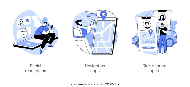 Artificial Intelligence applications isolated cartoon vector illustrations set. Unlock smartphone with facial recognition technology, navigation and ride-sharing apps, data transfer vector cartoon.