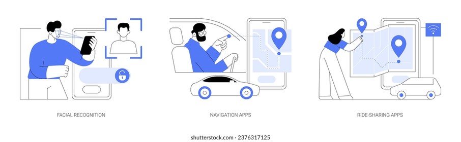 Artificial Intelligence applications isolated cartoon vector illustrations set. Unlock smartphone with facial recognition technology, navigation and ride-sharing apps, data transfer vector cartoon.