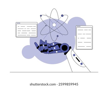 Artificial intelligence applied to the robot hand by producing smooth movements, semi outline style, vector illustration.