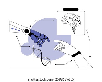 Artificial intelligence applied in robots is similar to human behavior, semi outline style, vector illustration.