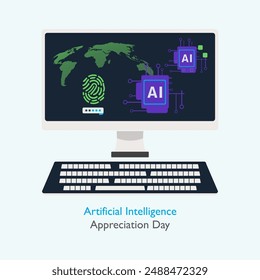 Día de la Apreciación de la Inteligencia Artificial, 16 de julio, Vector, ilustración. Proceso de IA en el diseño de computadoras.