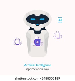 Artificial Intelligence Appreciation Day, July 16, Vector, illustration. Smart robotic character. Ai chatbot 3D.