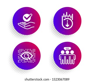 Artificial intelligence, Approved and Scroll down icons simple set. Halftone dots button. Employees group sign. Find data, Verified symbol, Swipe screen. Collaboration. Technology set. Vector