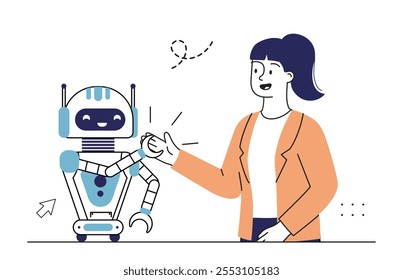 App de inteligencia artificial. Hombre con el trabajo del ordenador portátil con el bot del chat. Ayudante virtual y asistente. Automatización del flujo de trabajo. Cartel o Anuncio. Ilustración vectorial lineal aislada sobre fondo blanco