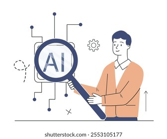 Aplicativos de inteligência artificial. Homem com lupa olhar ai. Assistente e auxiliar virtual. Automação de fluxo de trabalho. Modelo e layout. Ilustração de vetor linear isolada no plano de fundo branco