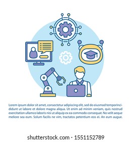 Artificial intelligence article page vector template. Robotics courses and cyborg workshop. Brochure, magazine, booklet design element with linear icons. Print design. Concept illustrations with text