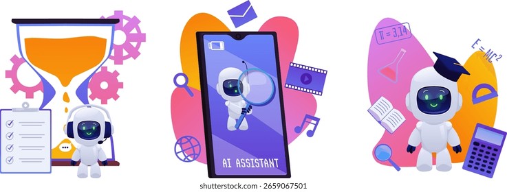 Assistente de inteligência artificial, chat bot tecnologias vetor plana ilustrações conjunto. robô assistente de IA em ciência, negócios, educação. Bot de serviço de gerenciamento de tempo do cliente, suporte on-line ao cliente